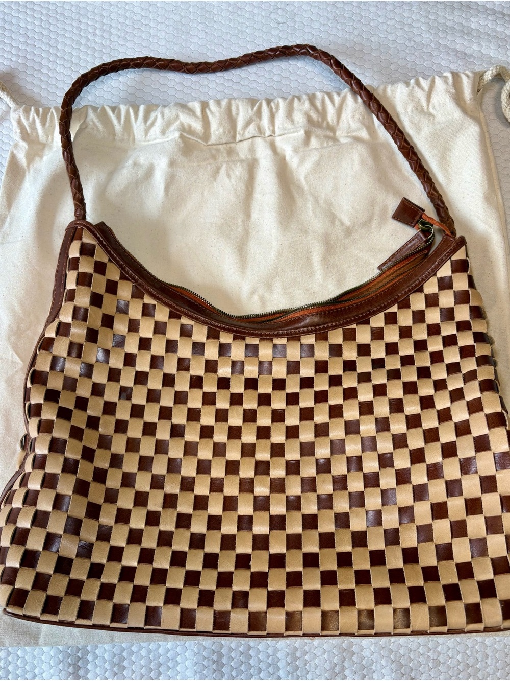 BEMBIEN Brown & Cream Woven Leather Shoulder Bag - Picture 2 of 5